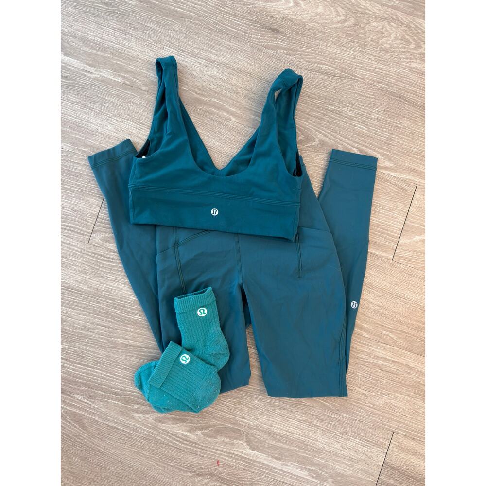 Lululemon 3 PC Matching Set Teal Lagoon Swift Speed Leggings + Align Bra + Socks